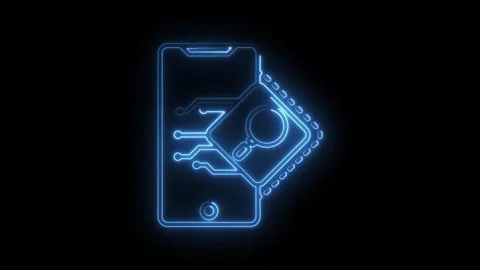 Blue neon smartphone data security analysis with chip and magnifying glass .. Stock Footage 315963919
