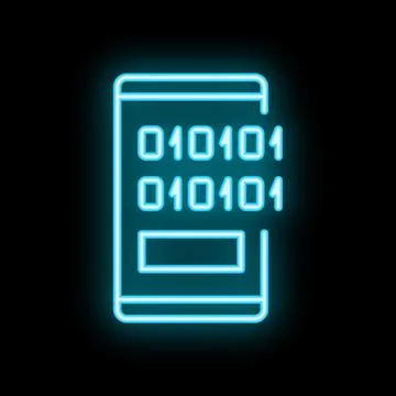 Blue neon smartphone showing binary code on screen on black background 스톡 일러스트