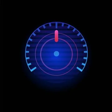 Blue neon speedometer dashboard interface with arrow, vector illustration. Stock Illustration