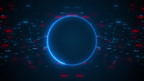 Blue neon sphere background red and cyan digital blocks, glowing interface detai Stock Footage 340402973