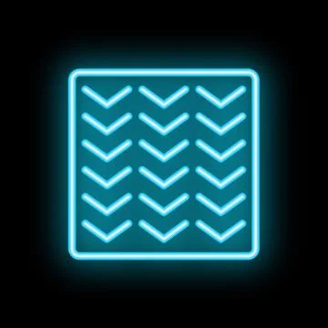 Blue neon square with arrows pointing down on black background Stockillustratie