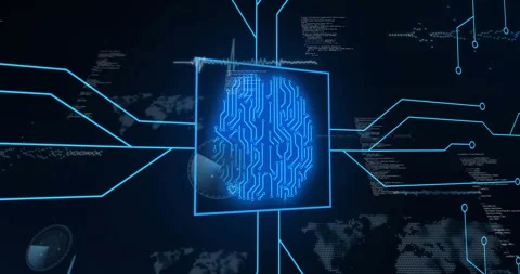 Blue neon square emerging, linking nodes with light lines, forming brain circuit Stock Footage 314687801