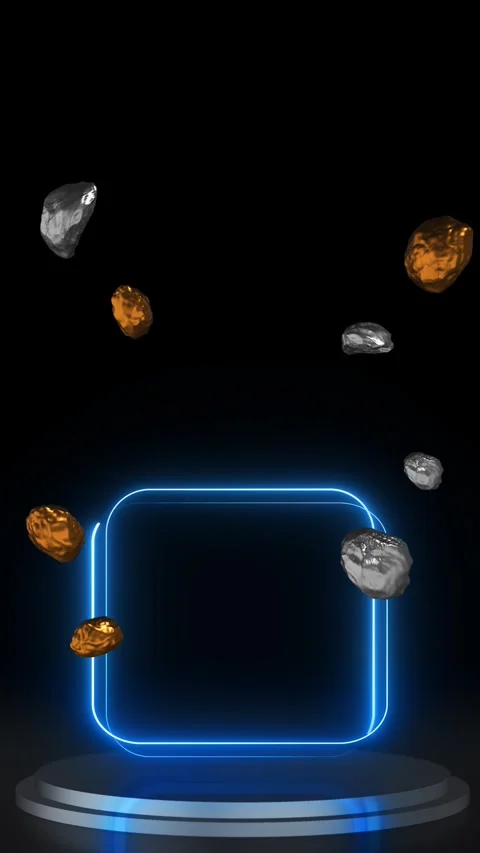 Blue Neon Square Product Display with Floating Metallic Rocks Stock Footage 341362354