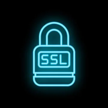 Blue neon ssl padlock icon representing secure connection on black background Stock Illustration