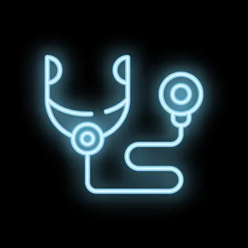 Blue neon stethoscope glowing on black background Stock Illustration