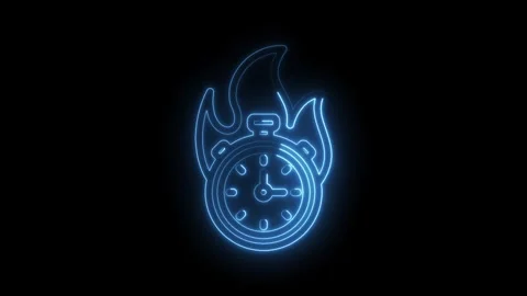Blue neon stopwatch on fire with flames glowing against a black background Stock Footage 330872468