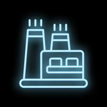 Blue neon style icon representing manufacturing plant building Ilustración de archivo