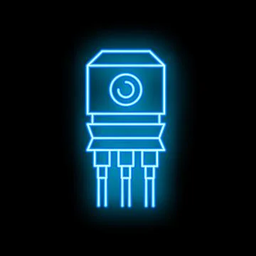 Blue neon style processor chip glowing on black background Illustrazione stock