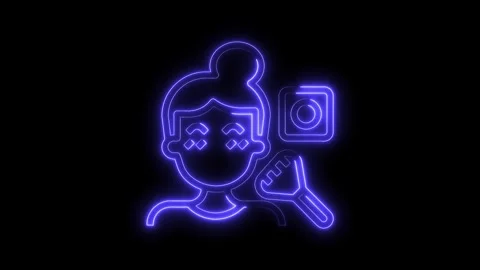 Blue neon stylist with makeup application and photography elements on black Stock Footage 322969287