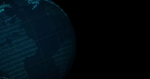 A blue neon tech earth globe with a word code blinking and a black background Vidéo 337428027