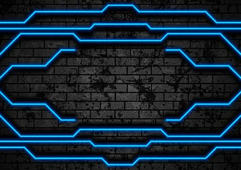 Blue neon technology lines on brick grunge wall Stock Illustration