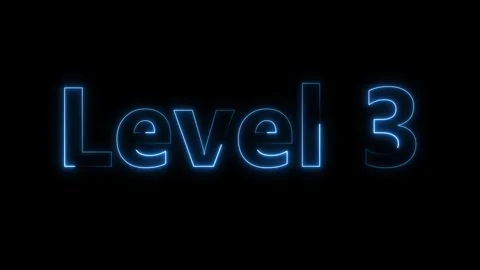 Blue Neon Text " Level 3" Against a animated Black Background game progress Stock Footage 332060318