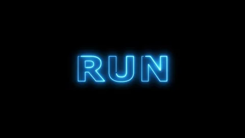 Blue neon text RUN on black background motion. Stockbeeldmateriaal 332534142
