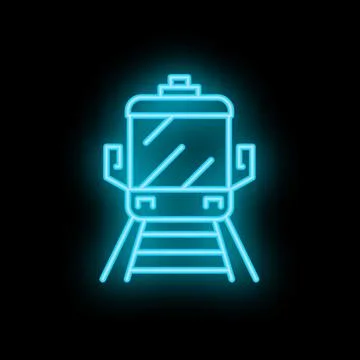 Blue neon train icon glowing against dark background Stock Illustration