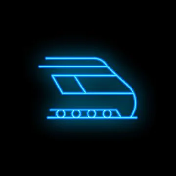 Blue neon train moving fast on rails icon Stock Illustration