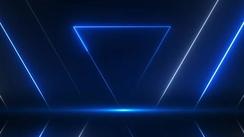 Blue neon triangle background sharp glowing outline, dark reflective floor, Stock Footage 340477583