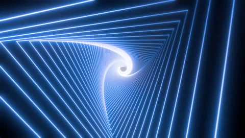 Blue neon triangular tunnel moving into the distance, neon geometric background Stock Footage 138080298