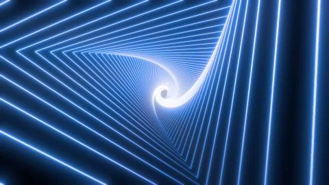 Blue neon triangular tunnel moving into the distance, neon geometric background Stock Illustration