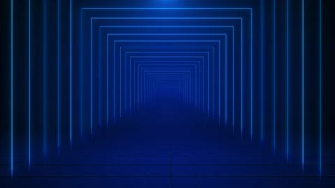 Blue neon tunnel background repeating glowing frames reflective grid floor creat Stock Footage 340415947
