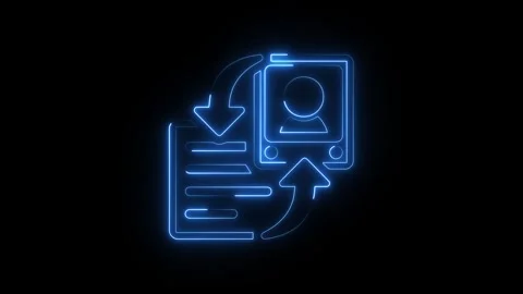 Blue neon user profile data sync icon on black background Stock Footage 345380211