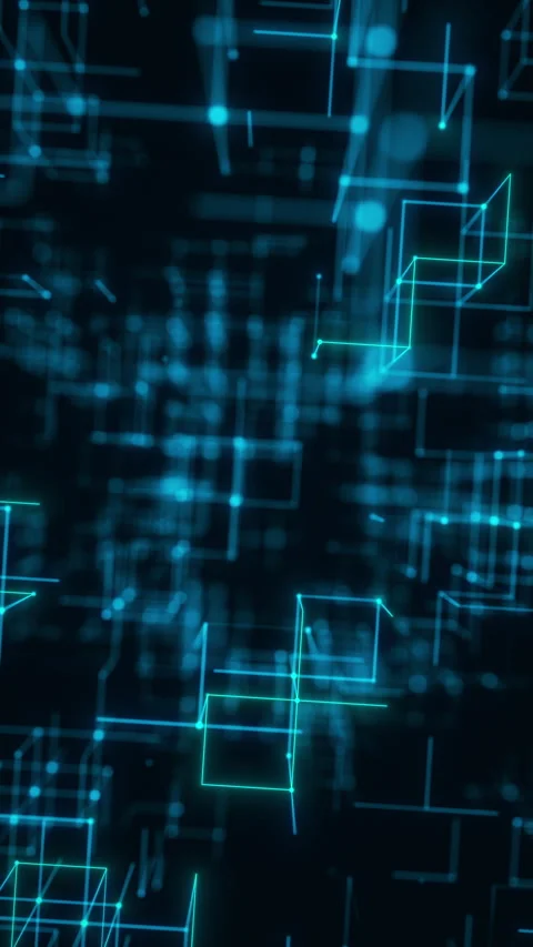 Blue Neon Vertical Wireframe Grid Forming a Futuristic Digital Matrix. Looped 3D Stock Footage 347585107