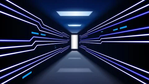 Blue Neon Visualization Projection of Data Transmission Through High Speed .. Illustrazione stock