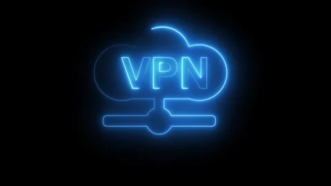 Blue Neon VPN Cloud Icon with Connection Symbol on Black Background virtual.. Stock Footage 321586060
