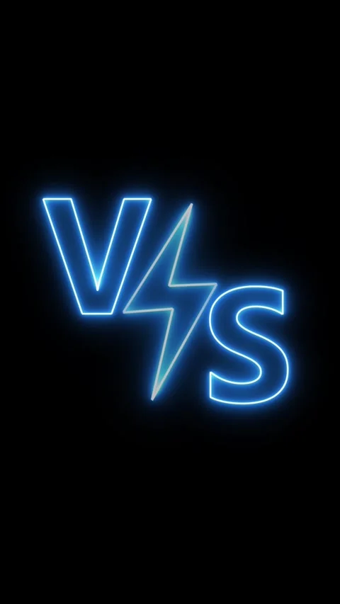 Blue neon VS symbol features lightning bolt on black background. VS symbol .. Stock Footage 344862038