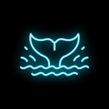 Blue neon whale tail diving into water icon Stock Illustration