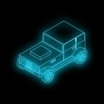 Blue neon wireframe of a generic off road vehicle on black background Stock Illustration