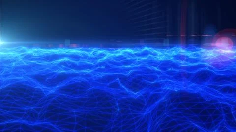 Blue neon wireframe wave field with glowing grid, citylike bokeh, and lens .. Stock Illustration