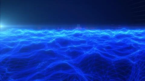 Blue neon wireframe wave field with glowing grid, citylike bokeh, and lens .. Stock Illustration