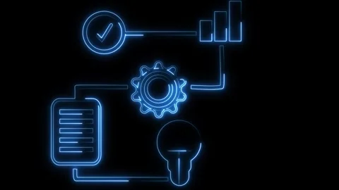 Blue neon workflow diagram with checklist gear and document icons animation.. Stock Footage 337366044