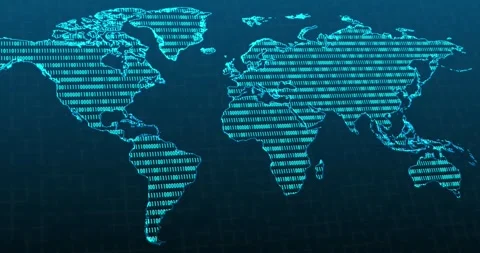 A blue neon world map with a blinking binary code into the continents Video stock 337429765