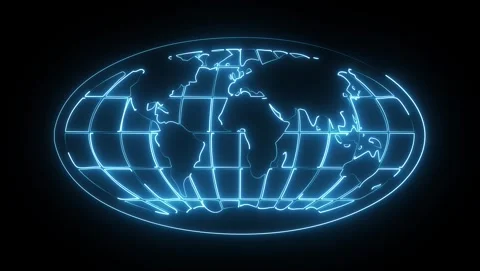 Blue Neon World Map Globe Outline on Black Background Stock Footage 318053275