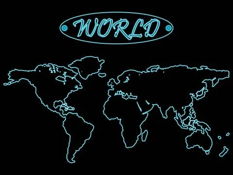 Blue neon world map over black blue neon world map over black background, ... Stock Photos