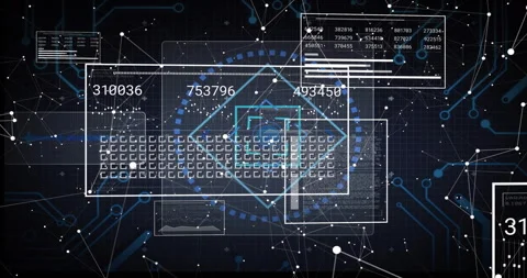 Blue network backdrop fading in, wireframe panels converging on grid, readouts Vidéo 315802543