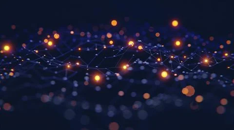 Blue network with bright orange dots and shallow depth of field Stock Illustration