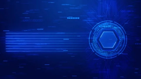 Blue network circuit interface bright data trails, glowing hexagon core, futuris Stock Footage 340563929