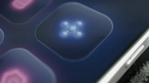 Blue network cluster icon illuminates on a smartphone control panel Stock Footage 342487660