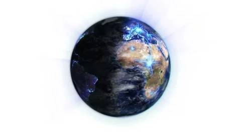 Blue network on a lighted and shaded Earth with moving clouds with Earth image Stock Footage