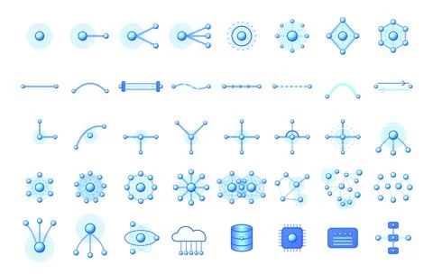 Blue network nodes and data icon set Illustrazione stock