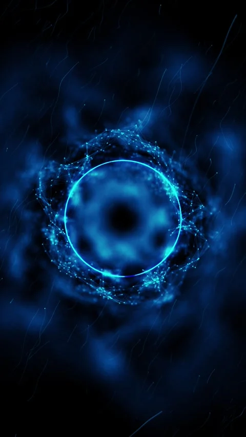 Blue network particle ring glowing cyan circle, smoky dark space, connected dots Stock Footage 340528188