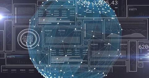 Blue network sphere appearing left center, rotating, pulsing nodes while HUD Stock Footage 328684203