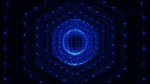 Blue network sphere tunnel polygon lines, glowing nodes, circular depth, and fut Stock Footage 340557452