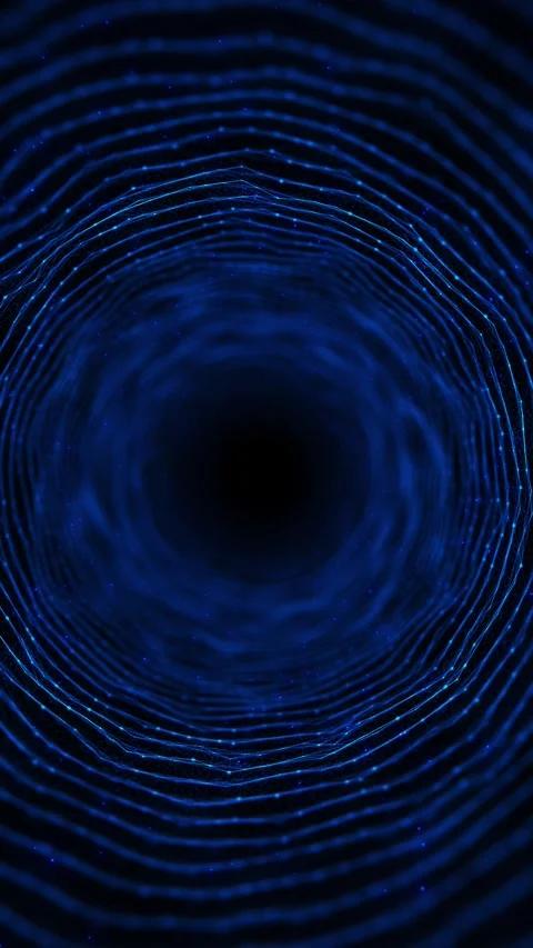 Blue network tunnel background circular wire rings, glowing nodes, dark center d Stock Footage 340528284