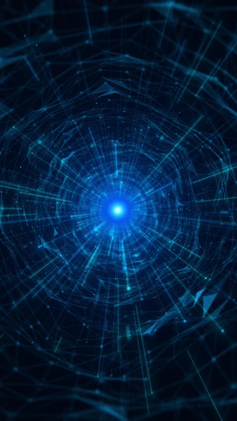 Blue network vortex energy glowing central burst, connected nodes, mesh lines, a Stock Footage 340564618