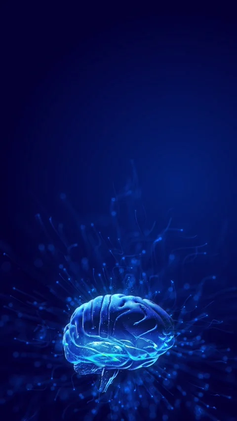 Blue neural brain technology brain, electric particles, and branching signal lin Stock Footage 340570191