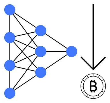 Blue neural network nodes interconnected by lines lead to a Bitcoin symbol wi Stock Illustration