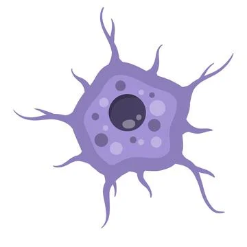 Blue neuron cell. Membrane and the nucleus. Scientific cartoon illustration. Stock Illustration
